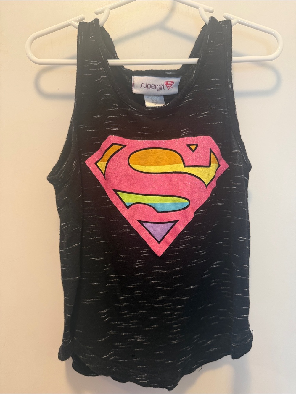 Girls' Black Tank Top with Pink Rainbow Supergirl Logo